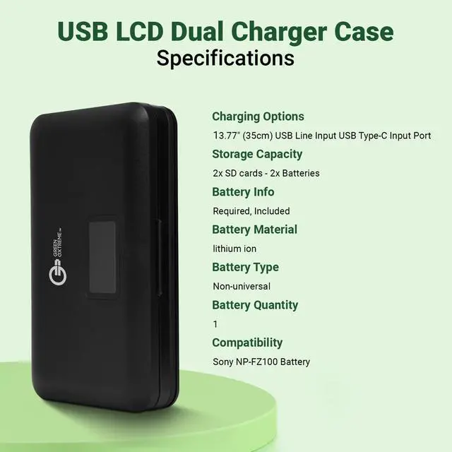 Alt view image 7 of 7 - Green Extreme USB LCD Dual Charger Case for Sony NP-FZ100 Battery