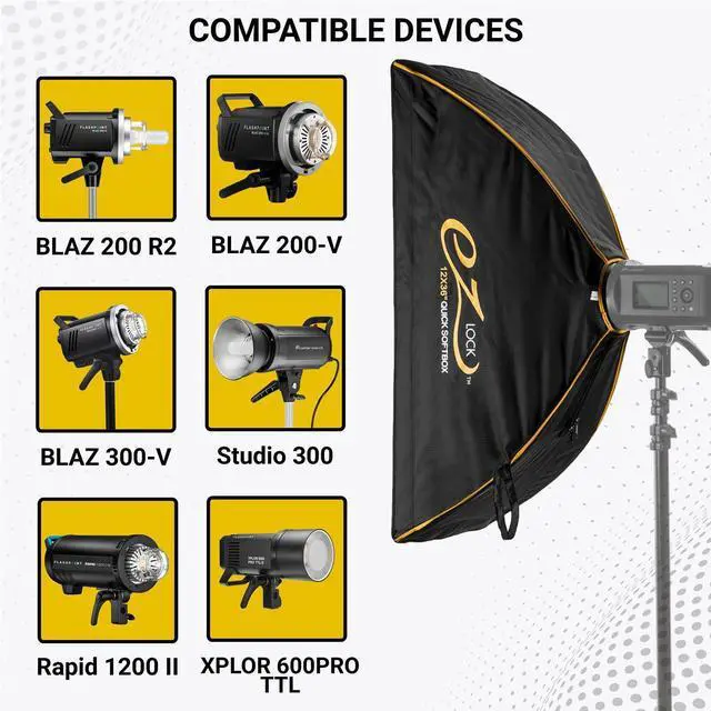 Alt view image 6 of 7 - Glow Glow EZ Lock 12x36" Quick Strip Rectangular Bowens Mount Softbox w/External & Internal Diffusers, Deflector Disk, Grid, Soft box Speedring Adapter for Studio Lighting