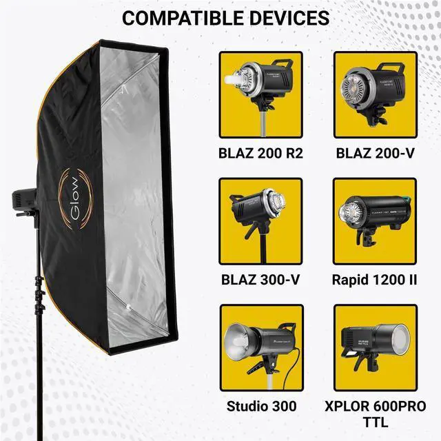 Alt view image 6 of 7 - Glow Glow EZ Lock 16x48" Quick Strip Rectangular Bowens Mount Softbox w/External, Internal Diffusers, Deflector Disk, Grid, Soft box Speedring Adapter for Studio Softbox Lighting