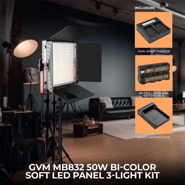 Alt view image 2 of 7 - Great Video Maker MB832 50W Bi-Color Soft LED Panel 3-Light Kit, Bundle with 6x Batteries, Dual Charger and 2x Charger Plate