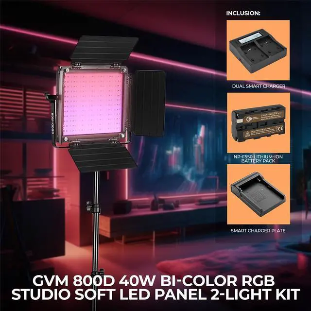 Alt view image 2 of 7 - GVM 800D 40W Bi-Color RGB Studio Soft LED Panel 2-Light Kit,w/Batteries &Charger
