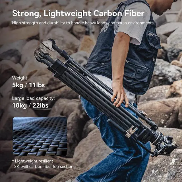 Alt view image 5 of 7 - SmallRig FreeBlazer AD-100 3-Section Heavy-Duty Carbon Fiber Tripod with Video Head