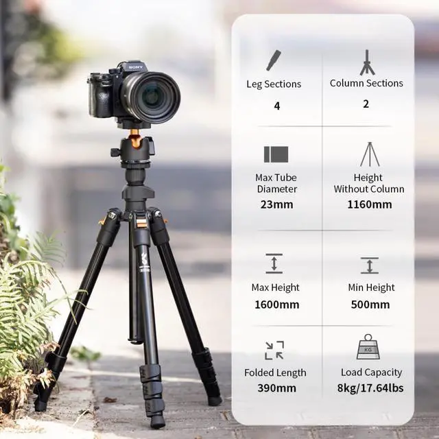 Alt view image 2 of 7 - K&F Concept K234A1 4-Section Lightweight Aluminum Travel Vlog Tripod with Ball Head, Black