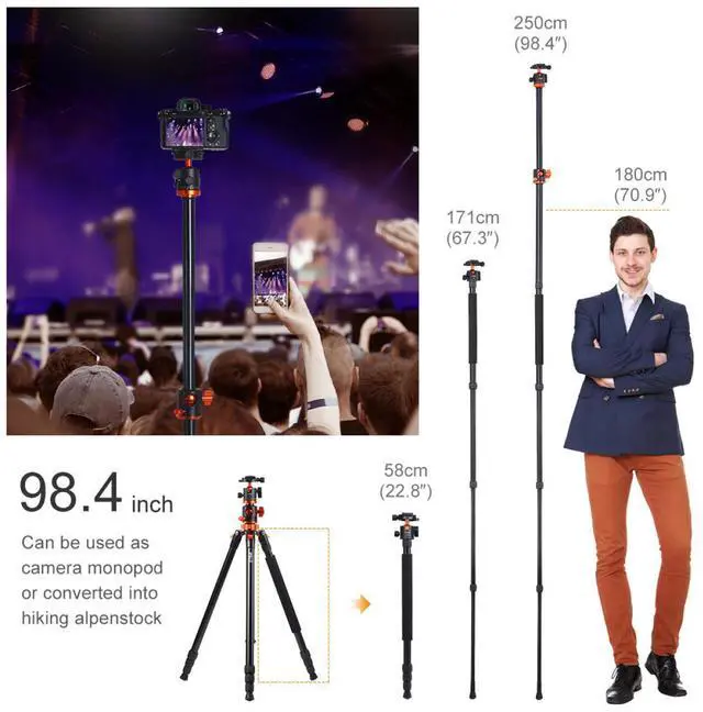 Alt view image 10 of 14 - K&F Concept 78 inch DSLR Camera Tripods with Magnesium Alloy Rotatable Multi-Angle Center Column,Load Capacity up to 22lbs/10kg