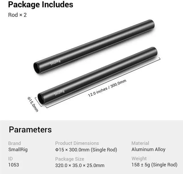 Alt view image 7 of 7 - SmallRig 15mm Black Aluminum Alloy Rod Pair, M12 Thread, 12"