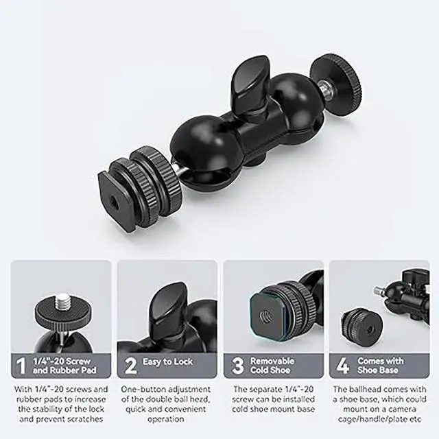 Alt view image 5 of 5 - SmallRig 1/4" Camera Hot Shoe Mount with Additional 1/4" Screw, 2-Pack - With SmallRig Multi-Function Double End BallHead with Cold Shoe Mount and Thumb Screw