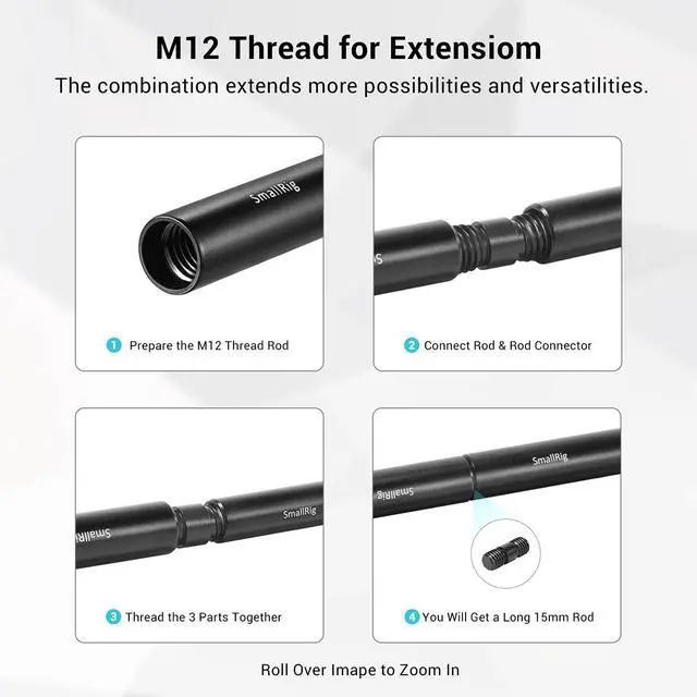 Alt view image 4 of 7 - SmallRig 15mm with M12 Thread Black Aluminum Alloy Rods Combination, 6-Pack
