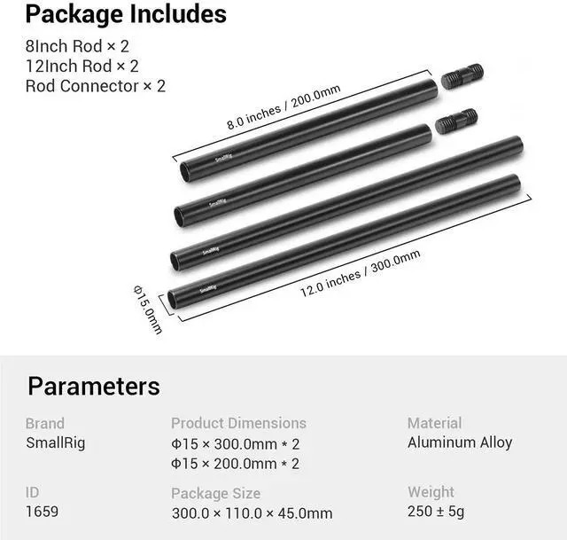 Alt view image 7 of 7 - SmallRig 15mm with M12 Thread Black Aluminum Alloy Rods Combination, 6-Pack