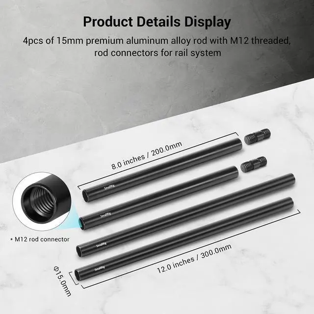 Alt view image 2 of 7 - SmallRig 15mm with M12 Thread Black Aluminum Alloy Rods Combination, 6-Pack