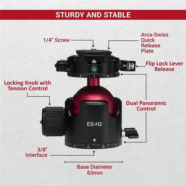 Alt view image 2 of 7 - 3Pod 3Pod Everest Series H2 Ball Head, Arca Swiss Quick Release Plate, 360 Degree Rotating Tripod Ball Head Mount, Max Load 44 lbs, Tripod Head 1/4" Screw for DSLR Camera, 3/8" Screw Hole for Tripod