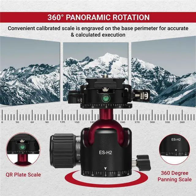 Alt view image 4 of 7 - 3Pod 3Pod Everest Series H2 Ball Head, Arca Swiss Quick Release Plate, 360 Degree Rotating Tripod Ball Head Mount, Max Load 44 lbs, Tripod Head 1/4" Screw for DSLR Camera, 3/8" Screw Hole for Tripod