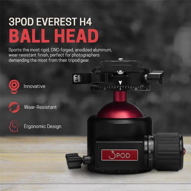Alt view image 2 of 7 - 3Pod 3Pod Everest Series H4 Ball Head, Arca Swiss Quick Release Plate, 360 Degree Rotating Tripod Ball Head Mount, Head 1/4-inch Screw for DSLR Camera, 3/8-inch Screw Hole for Tripod