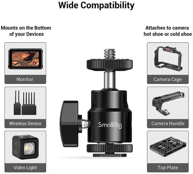 Alt view image 4 of 5 - SmallRig 1/4" Camera Hot Shoe Mount with Additional 1/4" Screw, 2-Pack - With SmallRig Multi-Function Double End BallHead with Cold Shoe Mount and Thumb Screw