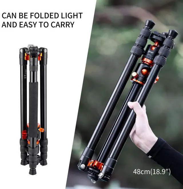 Alt view image 6 of 7 - K&F Concept 4-Section Aluminum Tripod Monopod with Center Axle Transverse, Black/Orange
