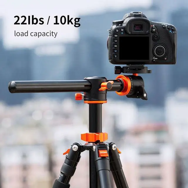 Alt view image 7 of 7 - K&F Concept 4-Section Aluminum Tripod Monopod with Center Axle Transverse, Black/Orange