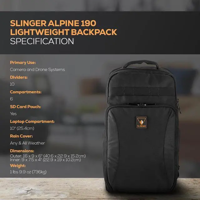 Alt view image 7 of 7 - Slinger Alpine 190 Lightweight Backpack for Camera, Laptop or Drone #ALPINE-190