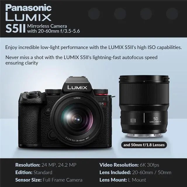 Alt view image 2 of 7 - Panasonic LUMIX S5II Camera w/20-60mm f/3.5-5.6 & 50mm f/1.8 Lens,Included Value