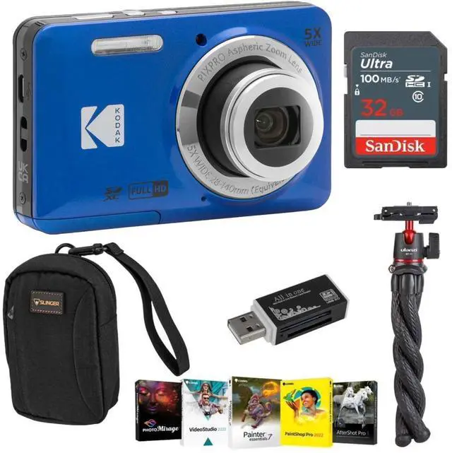 Main image of Kodak PIXPRO FZ55 Friendly Zoom Digital Camera, Blue, With SD Card, Camera Bag, Tripod, Photo Editing Software, SD Card Reader