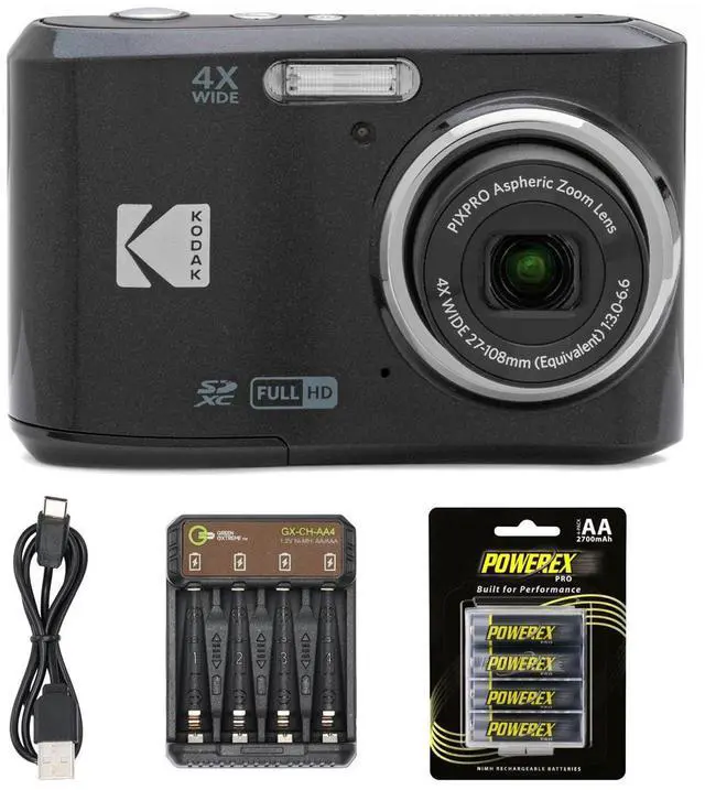 Main image of Kodak PIXPRO Friendly Zoom FZ45-BK 16MP Digital Camera with 4X Optical Zoom 27mm Wide Angle and 2.7" LCD Screen (BLack) + 4-Pack Rechargeable AA Batteries, + Green Extreme Charger for AA/AAA
