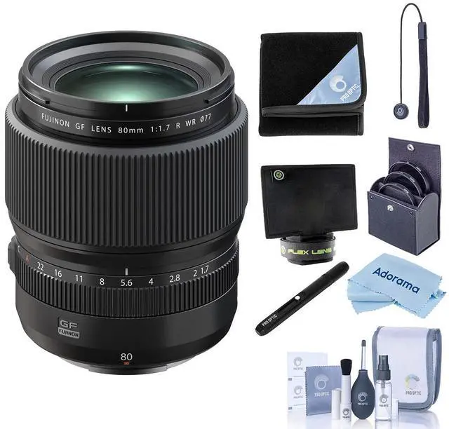 Main image of Fujifilm GF 80mm f/1.7 R WR Lens, Black, Bundle with 77mm Filter Kit, Lens Wrap, Lens Shade, Pen Lens Cleaner and Cleaning Kit
