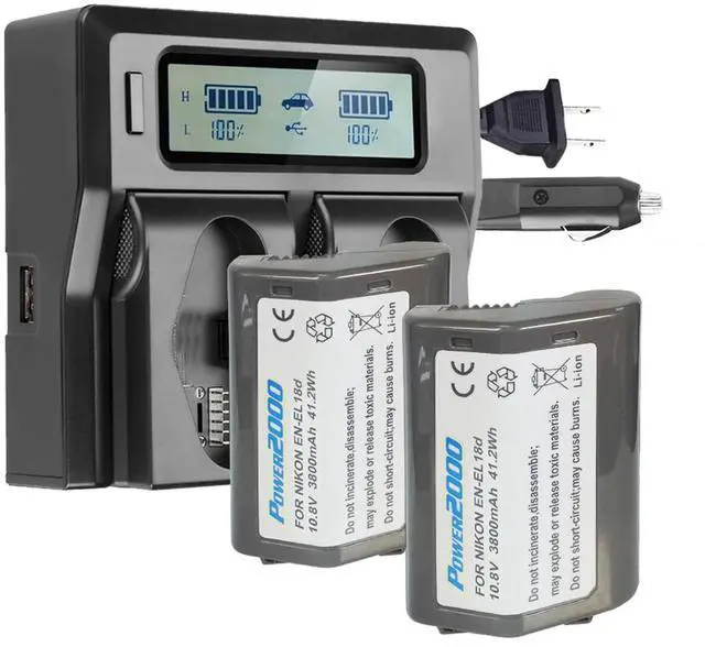 Main image of Power2000 2x Nikon EN-EL18d 10.8V 3800mAh Lithium-Ion Battery with Dual Bay LCD Charger