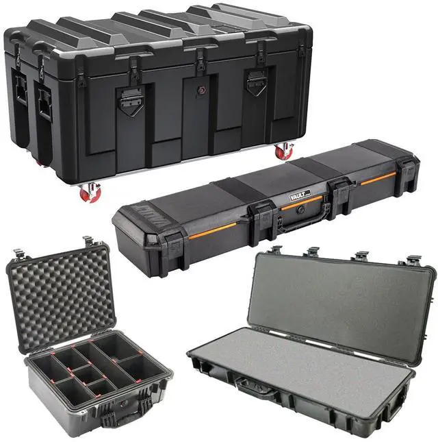 Main image of Pelican AL4824-1604 Single Hinged Lid Trunk with Foam & Casters, 15.8" Bottom Depth with Rifle Case, Foam Insert and Travel Vault Case