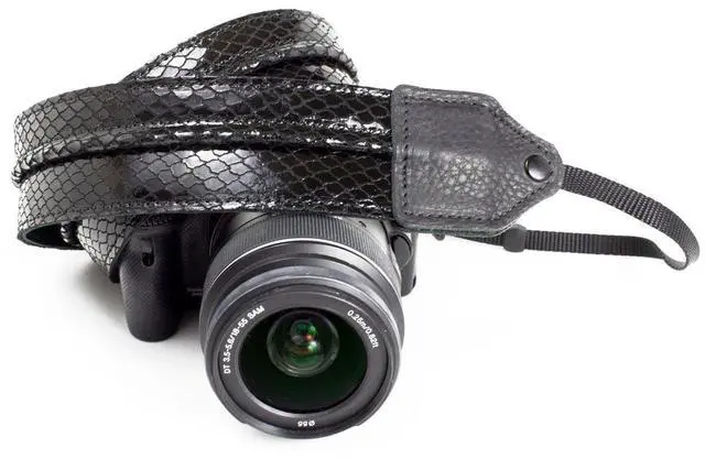 Alt view image 3 of 6 - Perri's Leathers CSL-04 Snake Skin Leather Camera Strap, Black with Fold Stitch