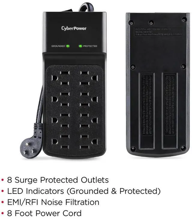 Alt view image 5 of 7 - CyberPower B808 8-Outlet Essential Surge Protector with 8' Cord, Black