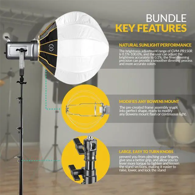 Alt view image 7 of 7 - GVM PR150R 150W LED Spotlight Bi-Color & RGB Studio Light with 20" Softbox,Stand