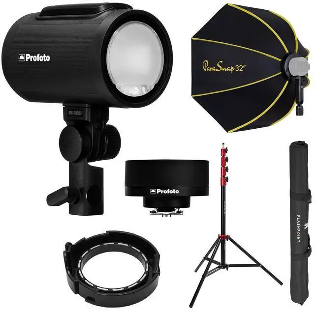 Main image of Profoto A2 Off Camera Flash Head and Connect Wireless Transmitter Kit for Canon Cameras with Fp light stand 9.5' air cushnd, Glow parasnap octagonal softbox, Glow parasnap adapter for profoto a2