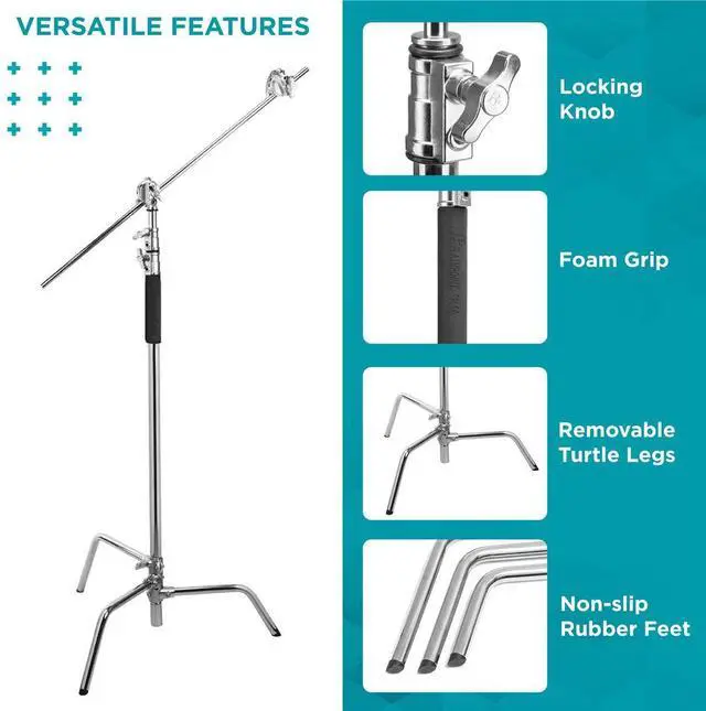 Alt view image 2 of 7 - Flashpoint Flashpoint 10' C Light Stand on Turtle Base Kit with Two Tier Spring Loaded Riser Column, Two 3" Gobo Heads, Baby Pin and 40" Grip Arm, Chrome, a C Stand for Cinema and Still Studios