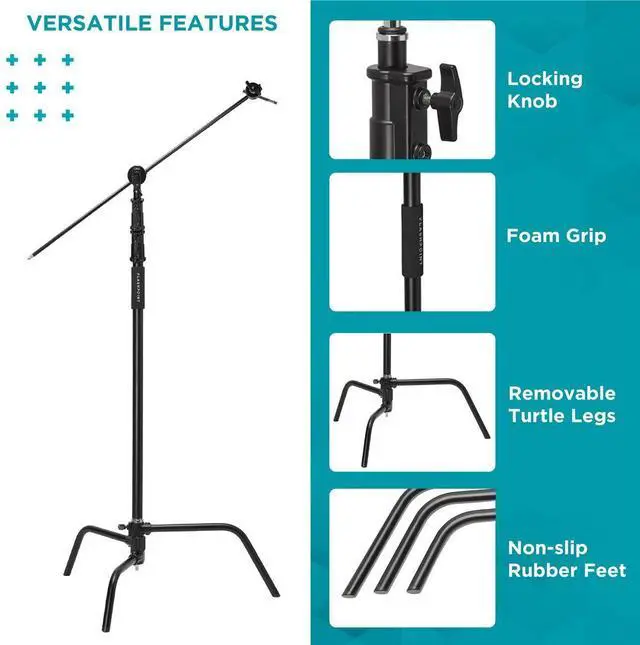 Alt view image 2 of 7 - Flashpoint 10' Century Light Stand on Turtle Base Kit with 40" Grip Arm, Black