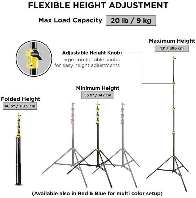 Alt view image 3 of 7 - Flashpoint Pro Air-Cushioned Heavy-Duty Light Stand (Yellow, 13') #FP-S-13-YL