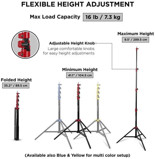 Alt view image 3 of 7 - Flashpoint Pro Air-Cushioned Heavy-Duty Light Stand (Red, 9.5') #FP-S-9-RD