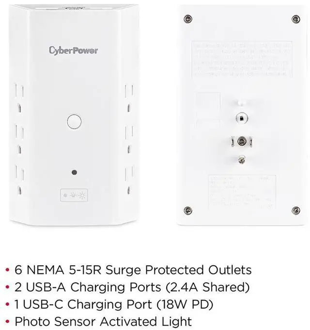 Alt view image 5 of 7 - CyberPower P6WUCL 6-Outlet Wall Mount Surge Protector with USB and Night Light, White