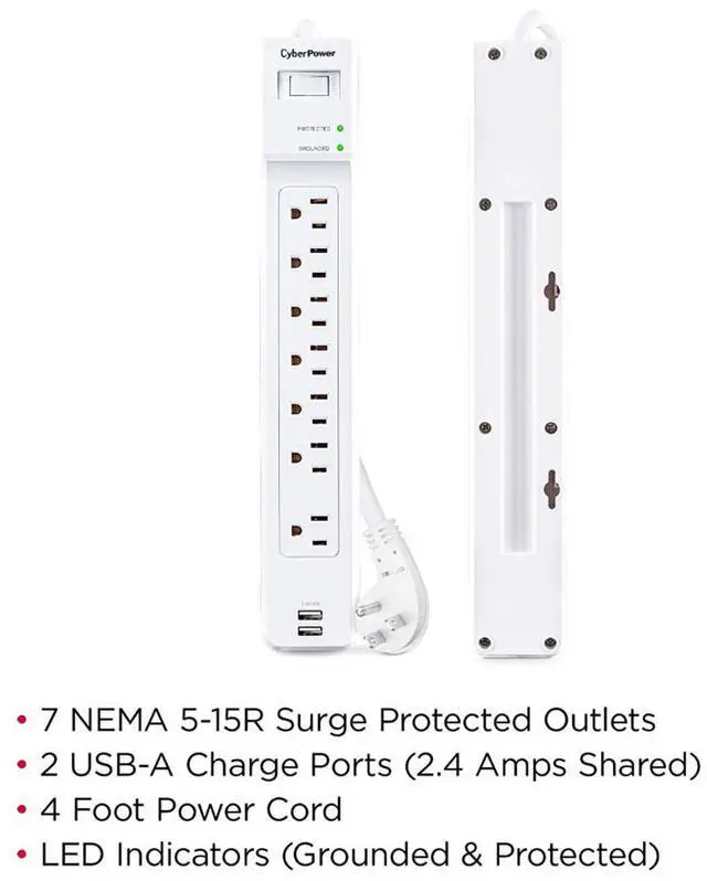 Alt view image 5 of 7 - CyberPower P704URC1 7-Outlet Surge Protector with 2x USB-A Port, White