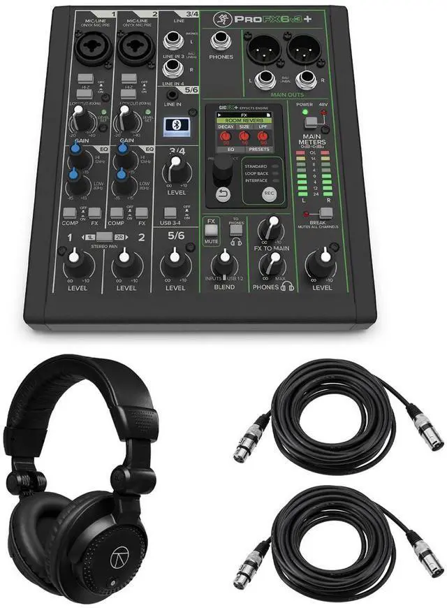 Main image of Mackie ProFX6v3+ 6-Channel Bluetooth Analog Mixer with Enhanced FX, Bundle with TAPH100 Headphones and 2x 25' 3-Pin XLR Microphone Cable