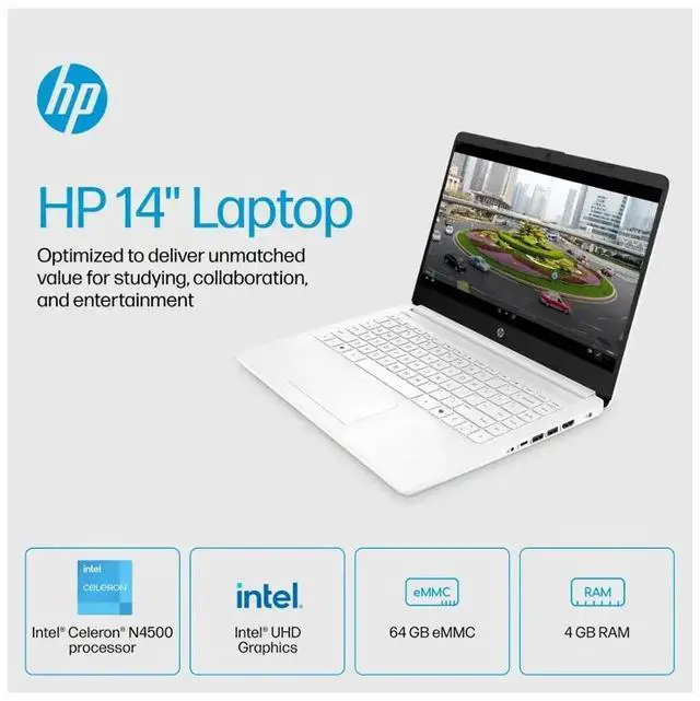 Alt view image 5 of 8 - HP 14-dq3220nr 14" HD Touchscreen Laptop - Intel Celeron N4500 1.1GHz - 4GB  - 64GB eMMC - Windows 11 Home S Mode - Intel UHD Graphics - Webcam - IEEE 802.11ax Wireless - Snowflake White