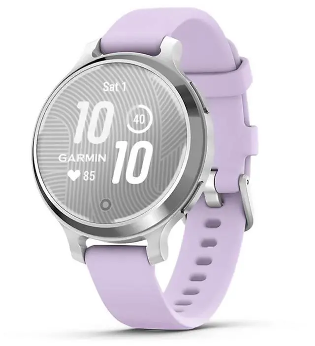 Alt view image 5 of 10 - Garmin Lily® 2 Active, Small and Stylish Smartwatch, Built-in GPS, Hidden Display, Patterned Lens, Up to 9 Days Battery Life, Silver with Purple Jasmine Silicone Band