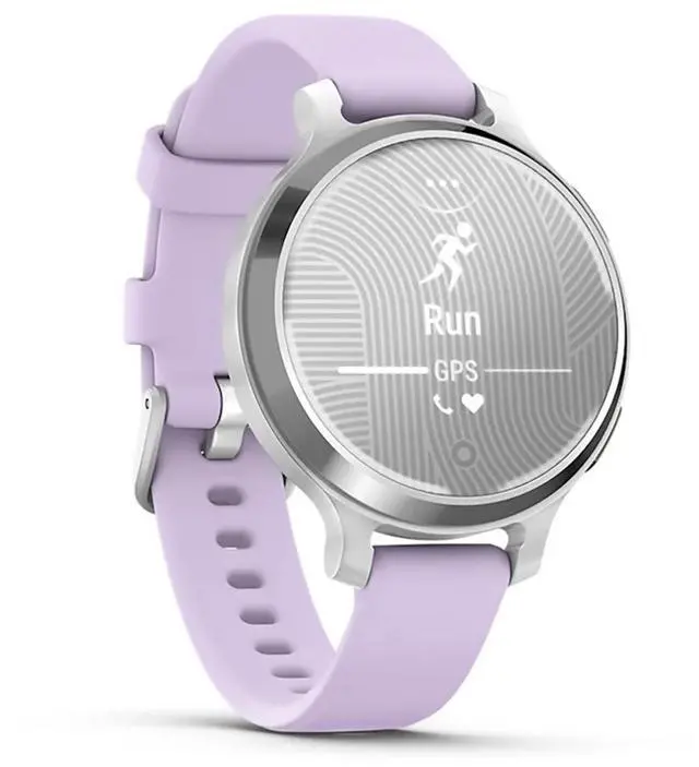 Alt view image 6 of 10 - Garmin Lily® 2 Active, Small and Stylish Smartwatch, Built-in GPS, Hidden Display, Patterned Lens, Up to 9 Days Battery Life, Silver with Purple Jasmine Silicone Band
