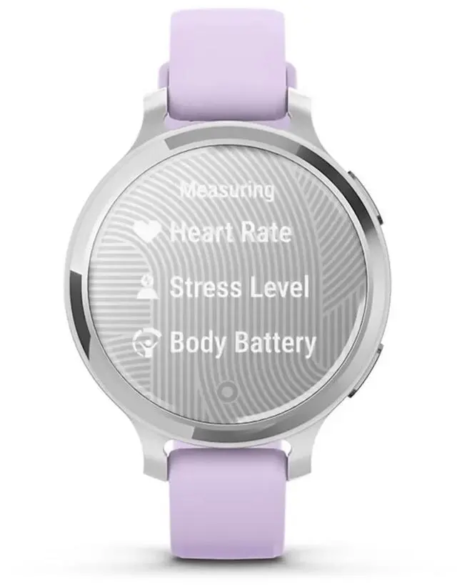 Alt view image 7 of 10 - Garmin Lily® 2 Active, Small and Stylish Smartwatch, Built-in GPS, Hidden Display, Patterned Lens, Up to 9 Days Battery Life, Silver with Purple Jasmine Silicone Band