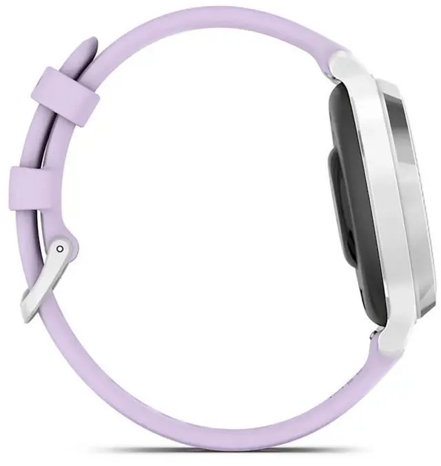 Alt view image 8 of 10 - Garmin Lily® 2 Active, Small and Stylish Smartwatch, Built-in GPS, Hidden Display, Patterned Lens, Up to 9 Days Battery Life, Silver with Purple Jasmine Silicone Band