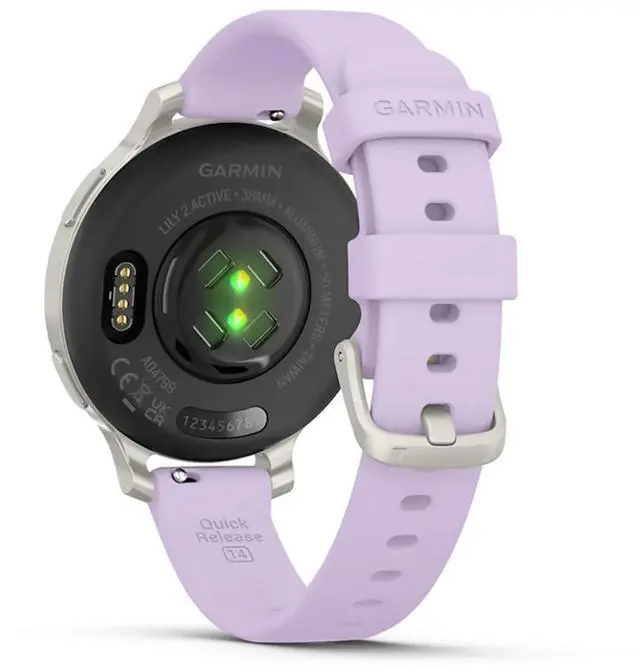 Alt view image 10 of 10 - Garmin Lily® 2 Active, Small and Stylish Smartwatch, Built-in GPS, Hidden Display, Patterned Lens, Up to 9 Days Battery Life, Silver with Purple Jasmine Silicone Band