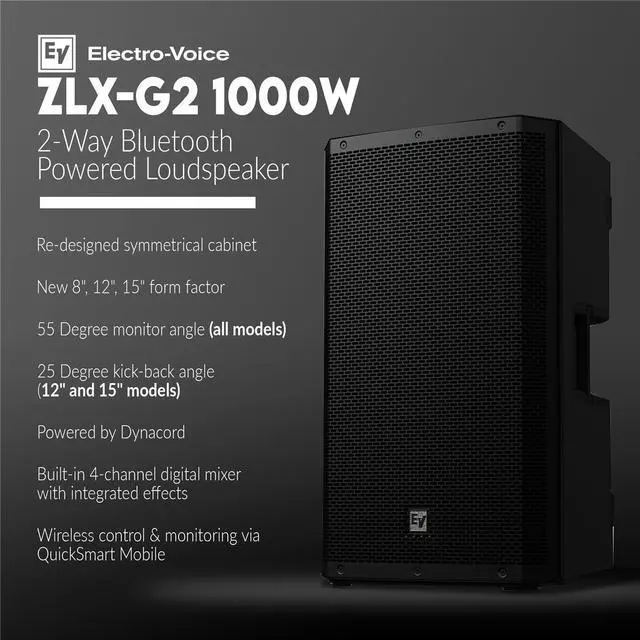Alt view image 2 of 5 - Electro-Voice ZLX-G2 15" 1000W 2-Way Bluetooth Powered Loudspeaker, Black, Bundle with Stands and Cable