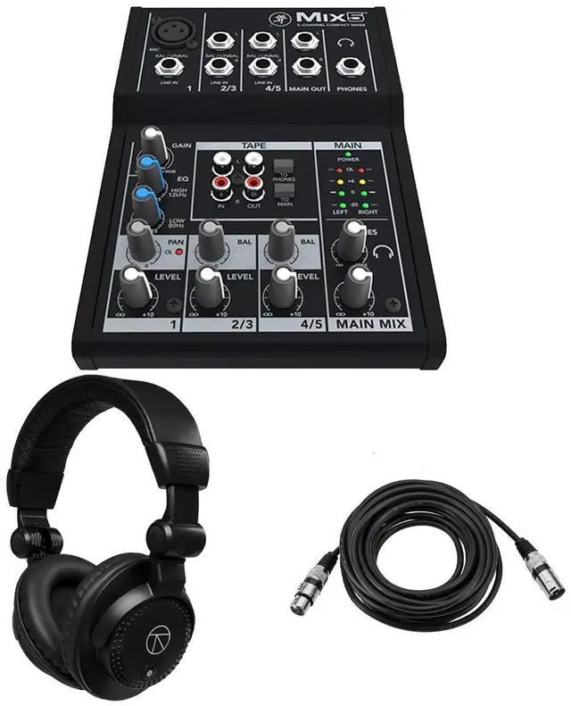 Main image of Mackie Mix5 5-Channel Compact Mixer, Bundle with TAPH100 Closed-Back Studio Monitor Headphones and 25' Value Series XLR Microphone Cable
