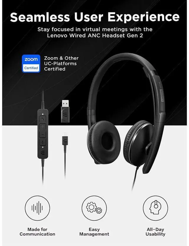 Alt view image 12 of 14 - Lenovo Wired ANC Headset Gen 2 (UC)