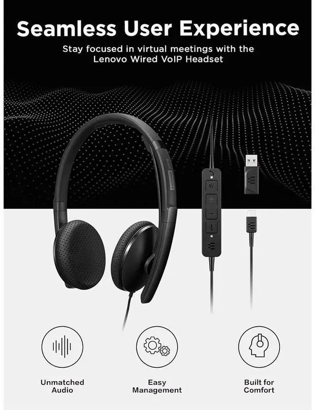 Alt view image 14 of 16 - Lenovo Wired VoIP Headset (Teams) - Stereo - USB Type C - Wired - 2.2 Kilo Ohm - 20 Hz - 20 kHz - Over-the-head - Binaural - Ear-cup - 5.86 ft Cable - Noise Cancelling Microphone - Black