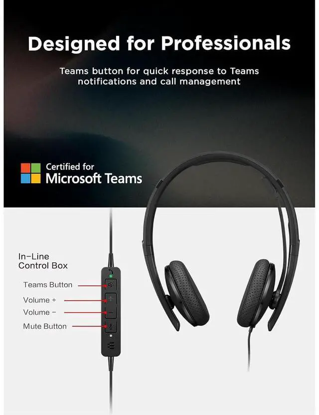 Alt view image 16 of 16 - Lenovo Wired VoIP Headset (Teams) - Stereo - USB Type C - Wired - 2.2 Kilo Ohm - 20 Hz - 20 kHz - Over-the-head - Binaural - Ear-cup - 5.86 ft Cable - Noise Cancelling Microphone - Black