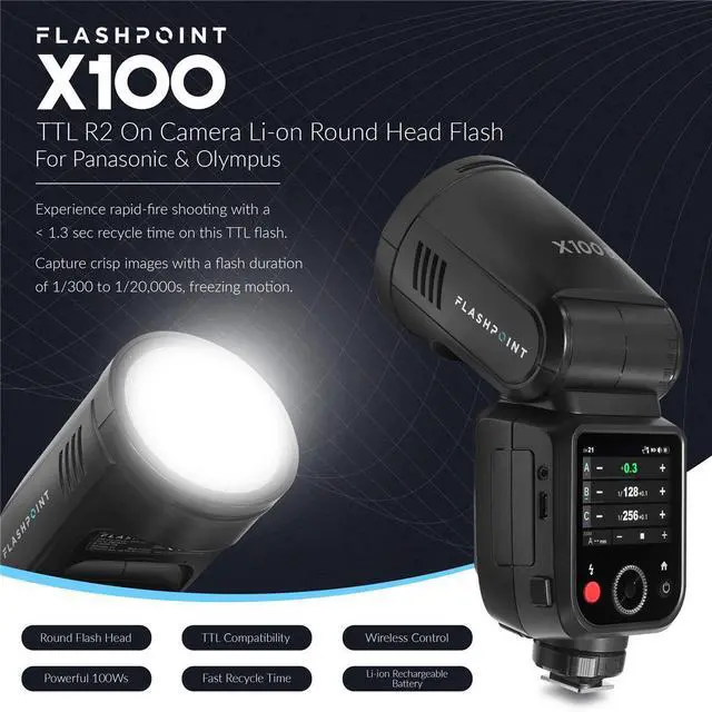Alt view image 2 of 6 - Flashpoint X100 TTL R2 On Camera Flash & Round Head Flash Accessory Kit - OM