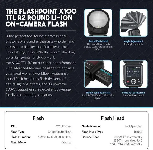 Alt view image 3 of 6 - Flashpoint X100 TTL R2 On Camera Flash & Round Head Flash Accessory Kit - OM